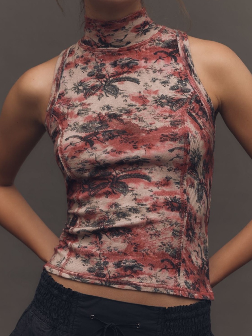 Anthropologie Pilcro Mock Turtleneck Tank Top Pink Tan Floral SIZE MEDIUM NEW